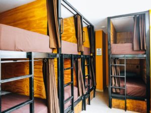 hostel dorm room with bank beds